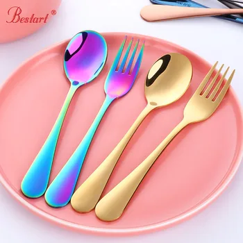 

2PC Kids portable cutlery Rainbow tableware Set Stainless food safety lovely children s poon fork set child gold dinnerware set