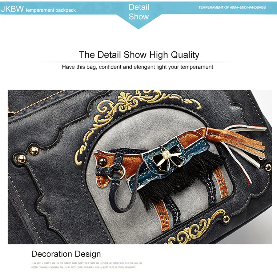 JKBW Women Backpack Fashion PU Leather Female Bags Teenager Girls School Bags Leisure Travel Bag with Cartoon Horse Decoration (11)