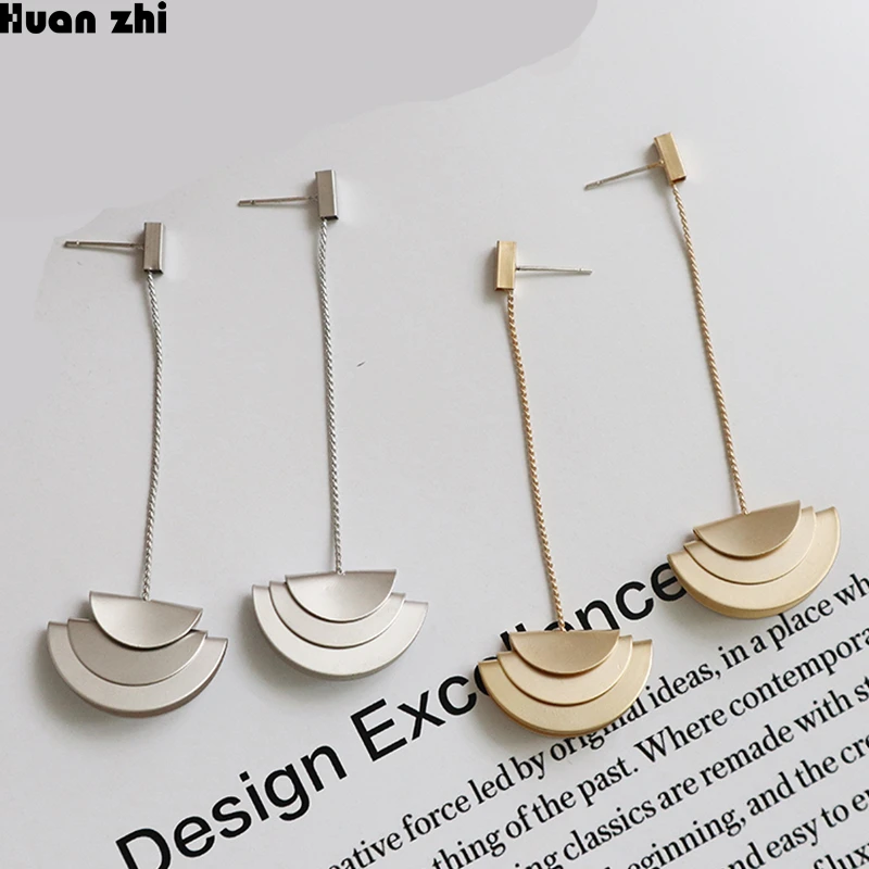 

HUANZHI 2019 New Metal Gold Silver Geometric Semicircle Three Layer Fan Shape Long Drop Earrings for Women Girl Party Jewelry