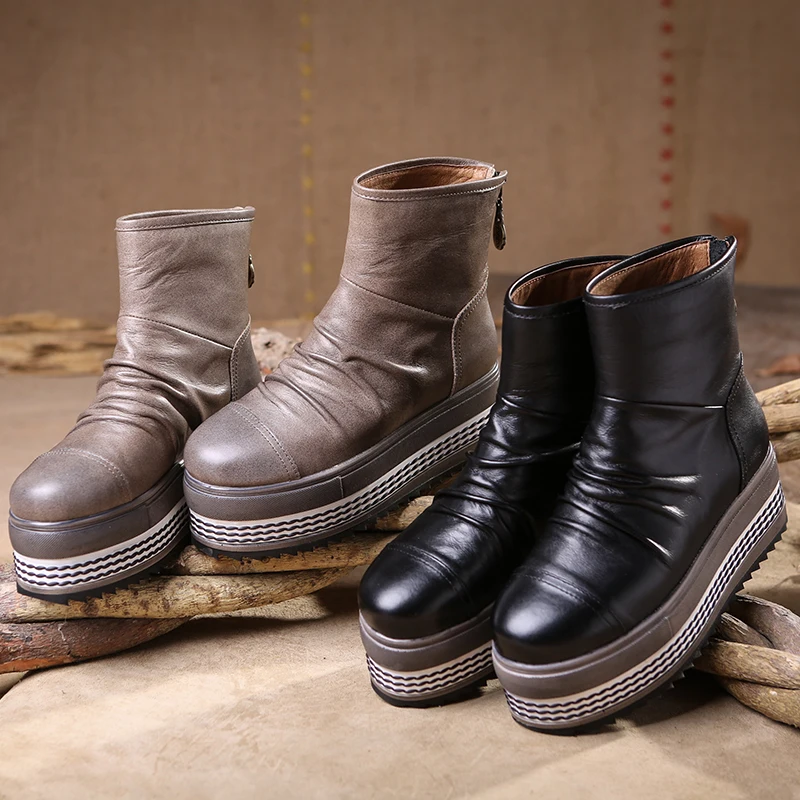 

2016 New Thick Sole Leather Women Shoes Folk Style Retro Sheepskin Ankle Boots Round Toe Flat Boots Waterproof T16CXZ70083