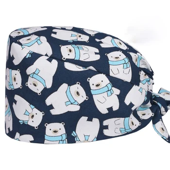 

Polar Bear Doctor Surgical Caps Medical Scrub Hat Adjustable Nurse Hospital Working Hats 100% Cotton Female Male Veterinary Hat