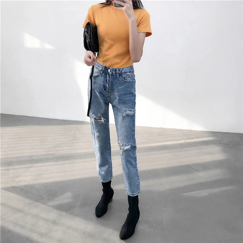 

HXJJP2019 Spring and Summer Loose Leisure High Waist Pierced Jeans Women Harlan Pants Hole Ankle-Length Jeans