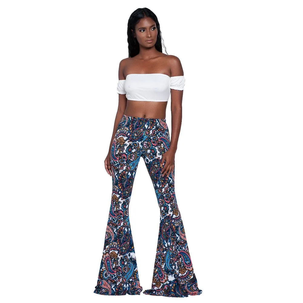 

2019 Summer Vintage Ethnic Print Flare Pants Women High Waist Full Length Pants Trousers Casual Pantalones Streetwear Femme