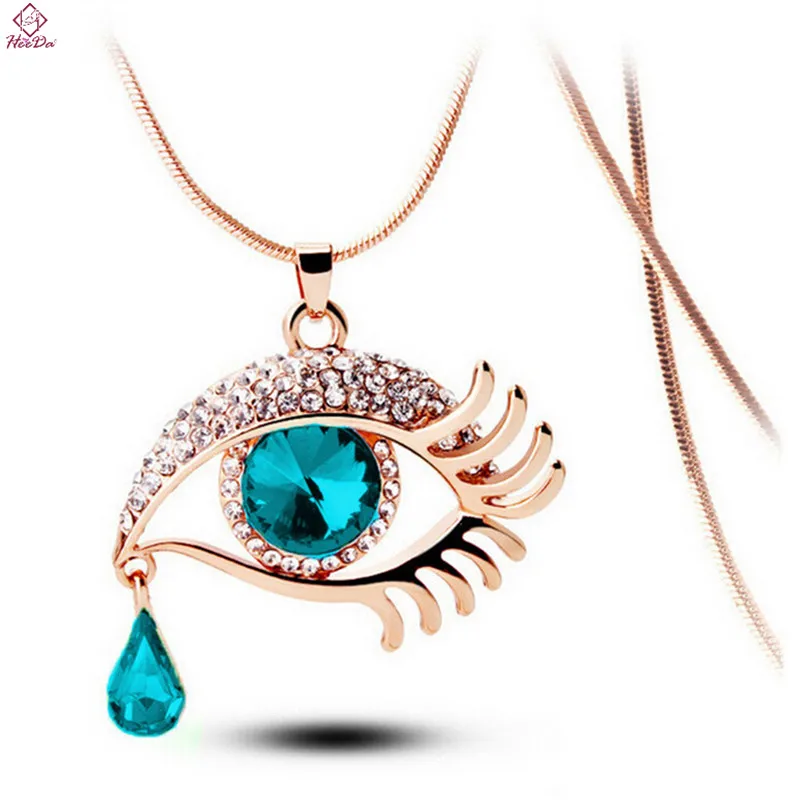 

Heeda Korean Creative Eye Pendant Necklace Women Blue Crystal Alloy Sweater Chain Fashion Kolye 2017 New an Ornament on the Neck