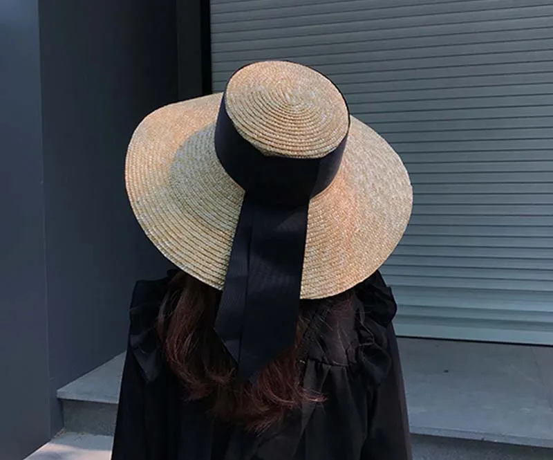 Women Classical Wheat Straw Hat Summer Cap 18cm Large Wide Brim Sun Hat Elegant Floppy Ribbon Beach Hat Vocation Derby Hat