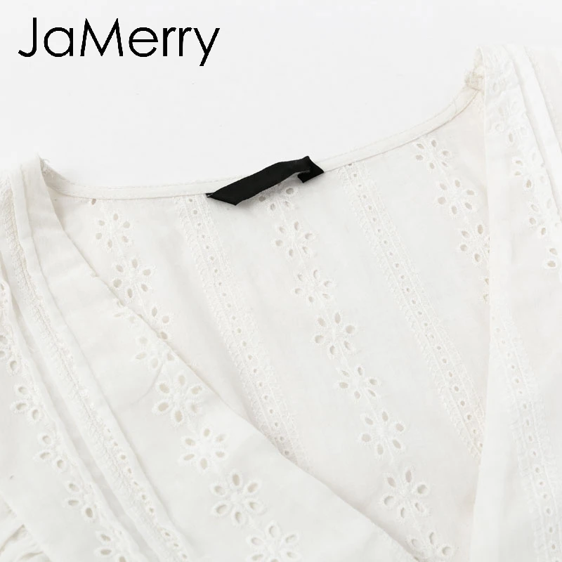 JaMerry Causal white embroidery lace hollow out blouse shirt women Ruffles woman blouse top Female elastic waist cotton tops