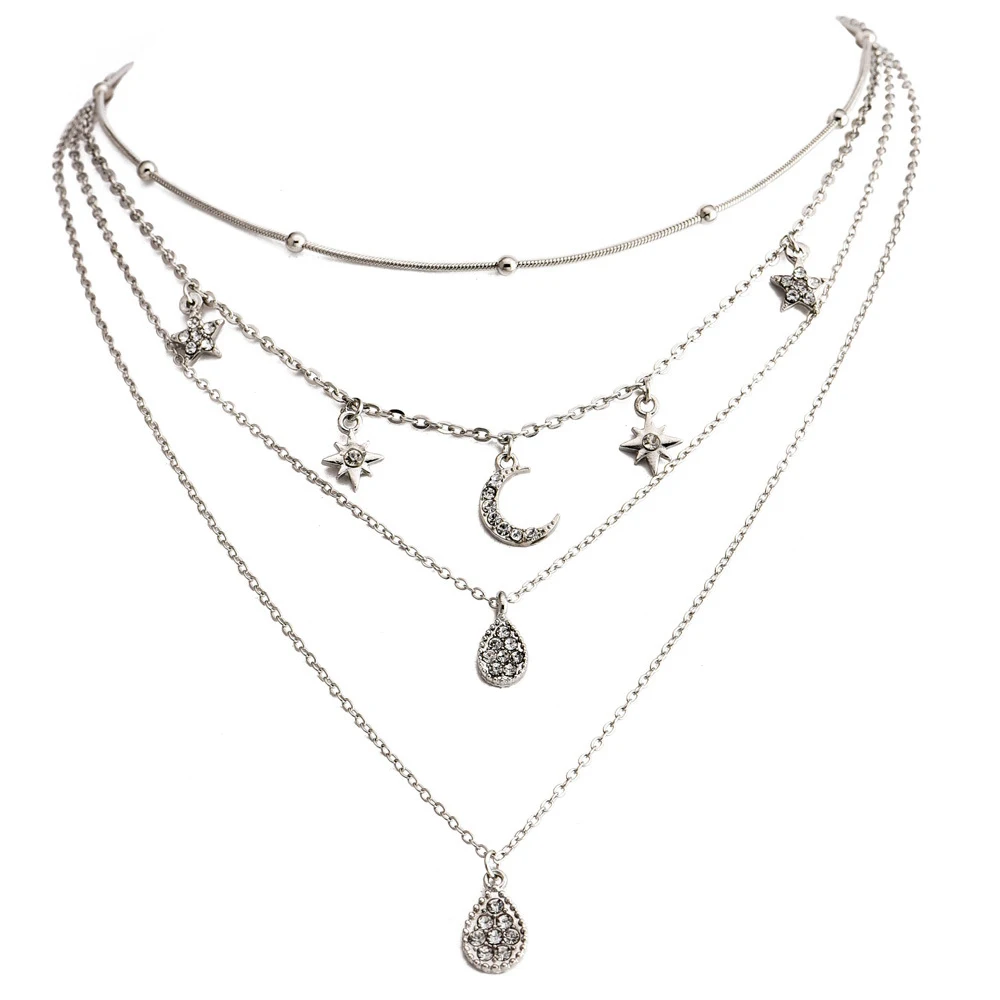 Женский винтажный кулон с кристаллами в виде звезд и лунных капель, многослойный серебряный кулон на шею, Трендовое ожерелье, вечерние ювелирные украшения, аксессуары