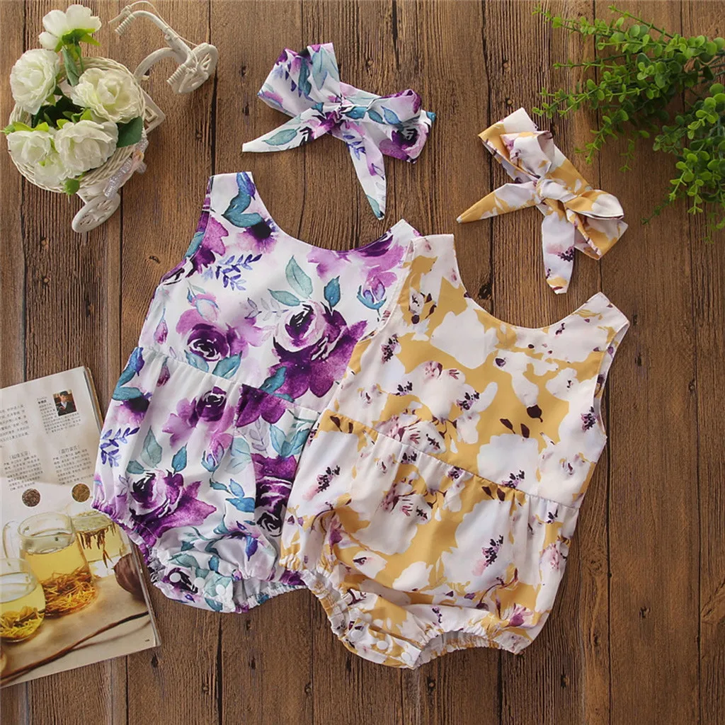 

Newborn Newborn Baby Boy Clothes Girls Outfit Clothes Flower Print Romper Bodysuit + Headband Set
