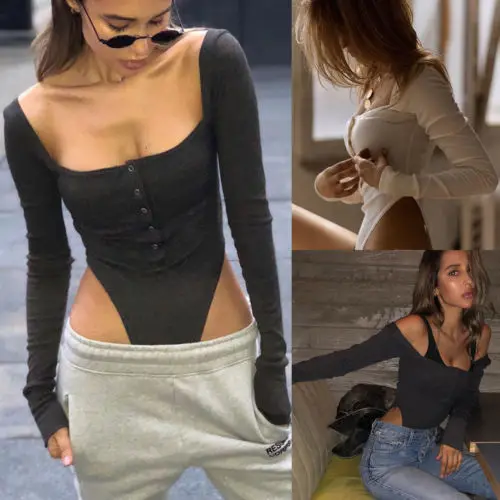 

Summer Trendy Women Casual Bodysuit Off Shoulder Pure Color Single Breasted Playsuit Long Sleeve Sexy Lady Shirt