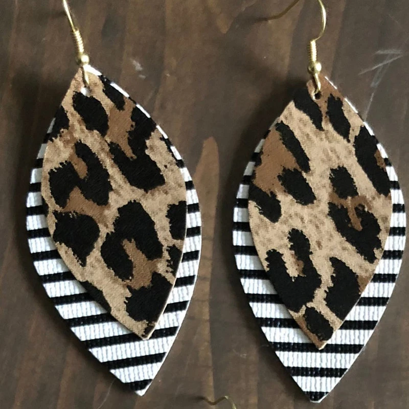 Двухслойные блестящие леопардовые серьги в форме листа из искусственной кожи в черно-белую полоску ed Fashion