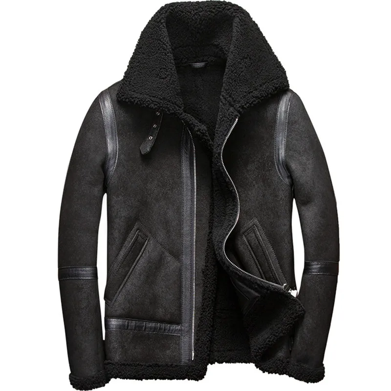 Denny&Dora Mens Shearling Coat Mens Fur Coat Matte Black Sheepskin Pilot Leather Jacket