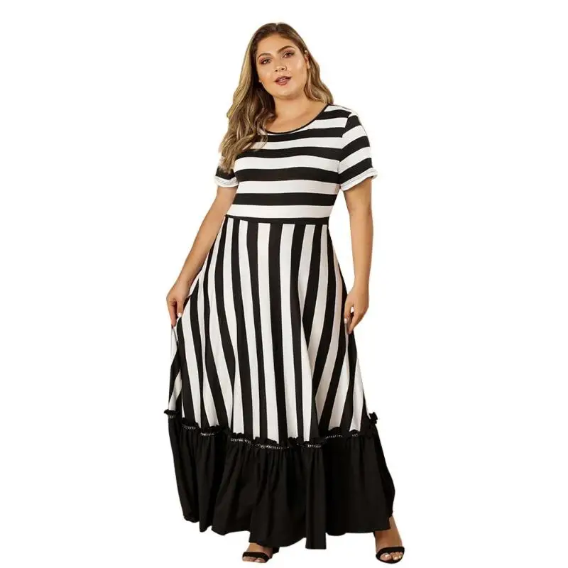 

Fashion Stripe Round Neck Dress Women Casual Short Sleeve Plus Size Dresses