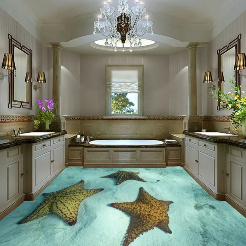 

Free Shipping Custom 3D stereo light blue starfish floor painting background wall living room bedroom flooring mural wallpaper