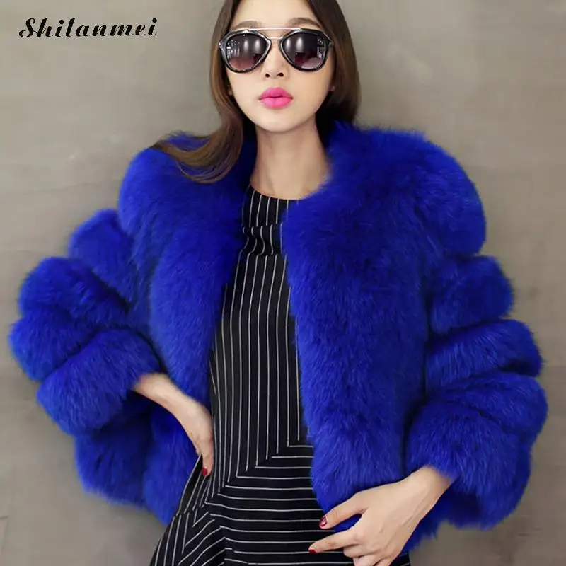 Plus Size Women Warm Faux Fox Fur Coat Short Winter Blue Fur Jacket Outerwear Artificial Fur Coats For Women Manteau Fourrure Coats