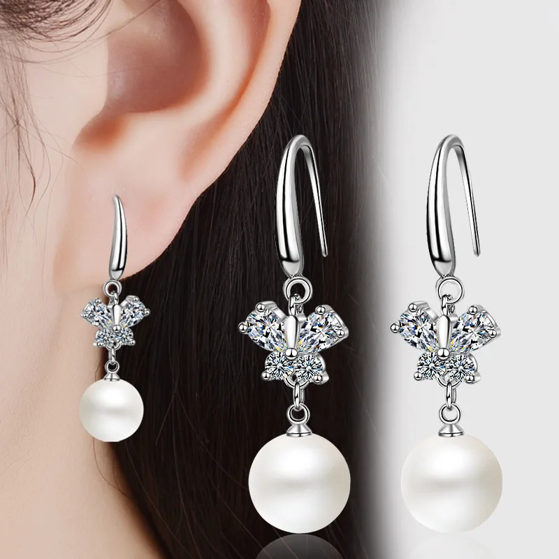 pearls dangle earrings cz zircon silver jewelry (10)