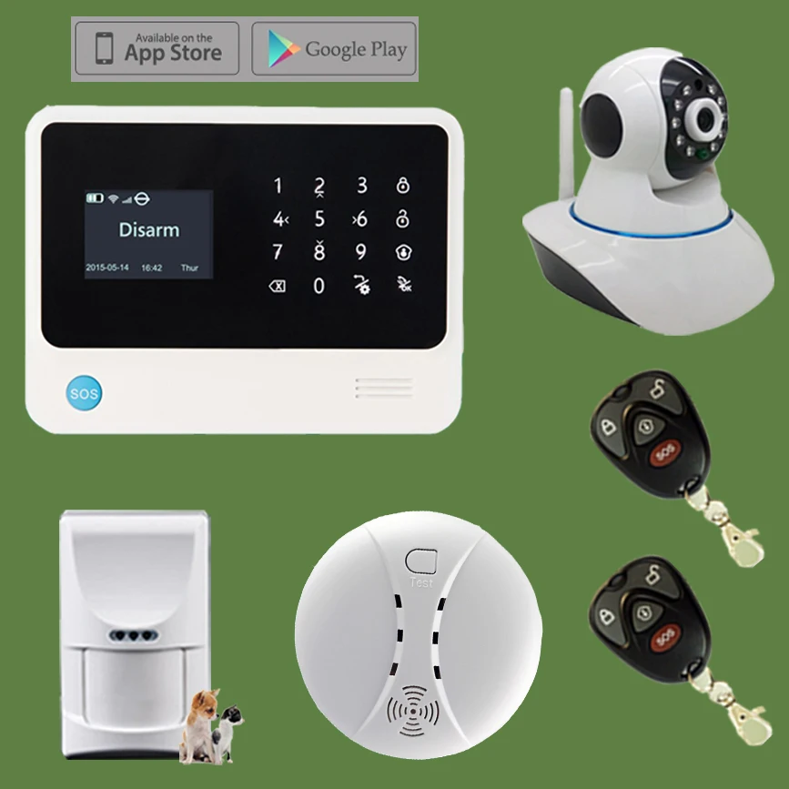 2 Sets DIY WIFI GSM SMS Home Burglar Alarm System with Pet Friendly PIR Detector+WIFI Pan/Tilt