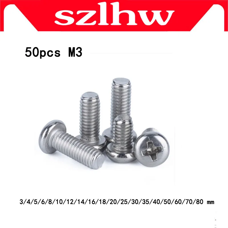 

High quality 50pcs M3 Stainless Steel Round pan head machine screw M3 * 3/4/5/6/8/10/12/14/16/18/20/25/30/40/50/60/70 mm DIN7985