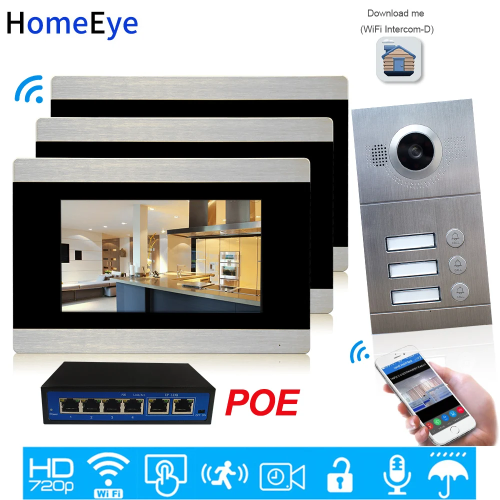 3-Apartments Door Access Control System 720P 7'' WiFi IP Video Door Phone Smart Video Intercom POE iOS/Android APP Remote Unlock