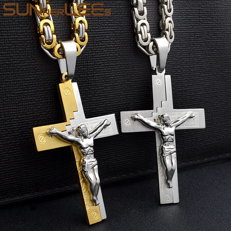 

SUNNERLEES Stainless Steel Jesus Christ Cross Pendant Necklace Byzantine Link Chain Gold Color For Men SP220