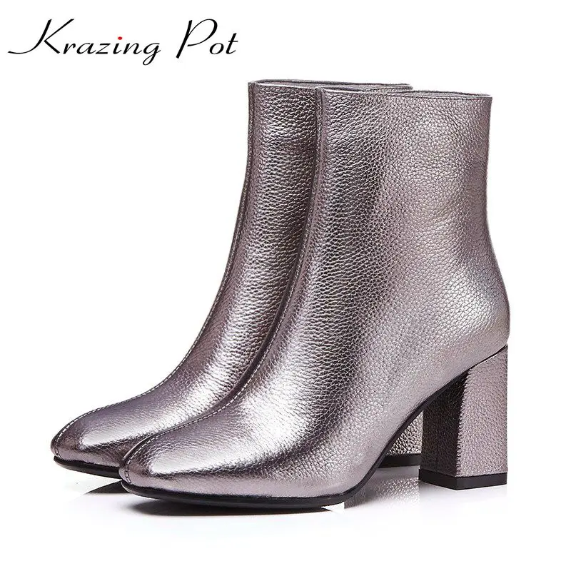 

Krazing Pot 2018 cow leather gladiator lazy style high heels square toe Chelsea boots zipper superstar runway ankle boots L1f3