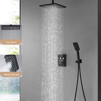 

10 Inch Thermostatic Matt Black Shower Set Rainfall Showerhead Water Saving ABS Handheld 2 Functions Bathroom Facuets Modern
