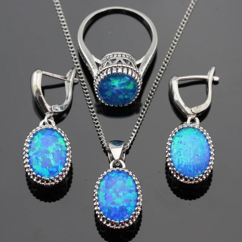 Round Fire Blue Opal Stones Silver Color Jewelry Sets For Women Necklace Pendant Drop Earrings