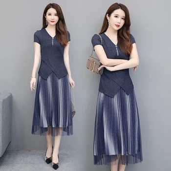 

Knit Irregular Short Sleeve Tops Two Piece Set 2019 Summer Korean Fashion Slim Pleated Mesh Women Skirt Set Elegant 2 Set Woman