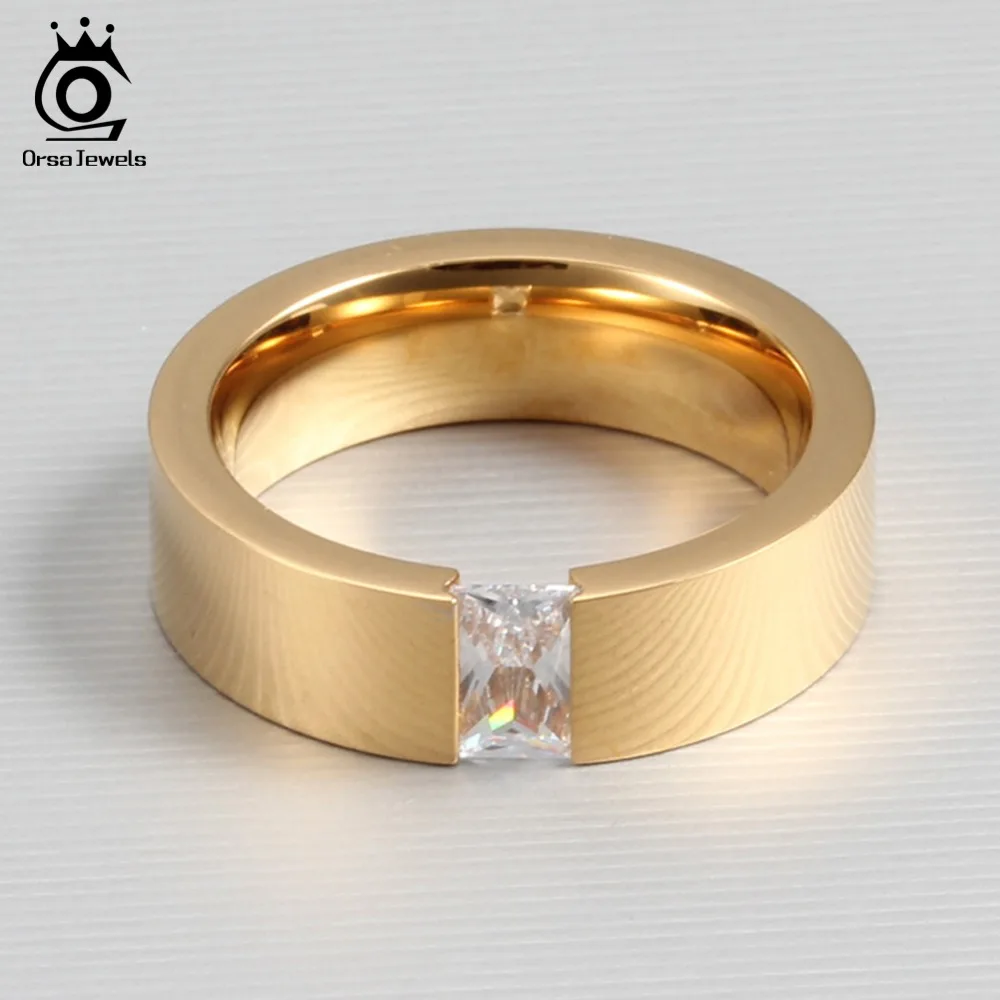 ORSA JEWELS Tension Setting Square Zircon Rings for Men Women Black Color&Gold-Color Stainless Steel Ring for Parties OTR78