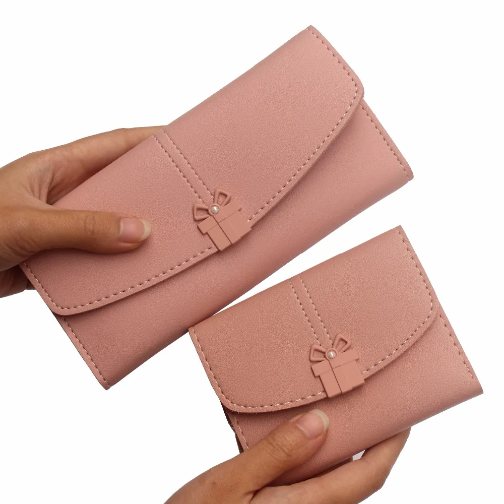 New fashion PU leather bow gift box Womens short wallets Ladies folding