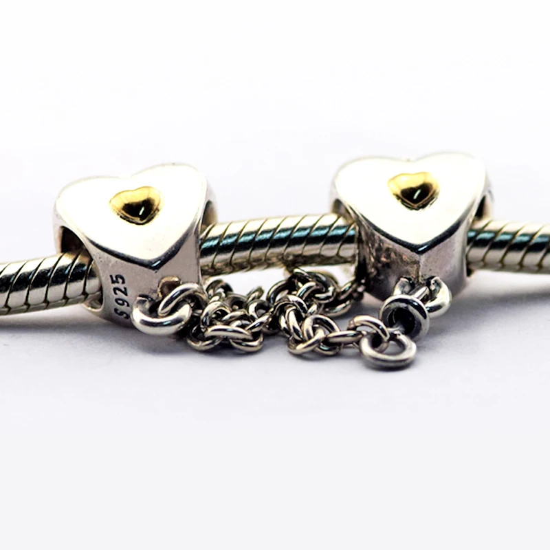

Fits Pandora Charms Bracelets Heart and Crown Safety Chain Beads with 14K Real Gold 925 Sterling Silver Jewelry Free Shipping