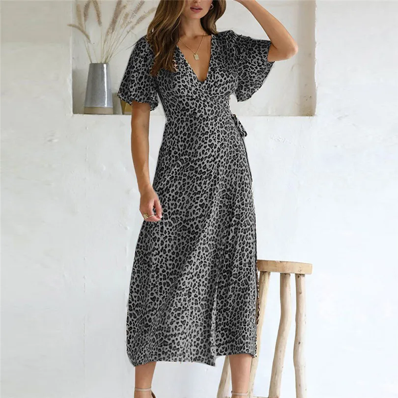 New Women Leopard Bohemian Long Dress 2019 Summer Sexy Deep V-neck Short Sleeve Long Maxi Party Beach Dress #E10 (10)
