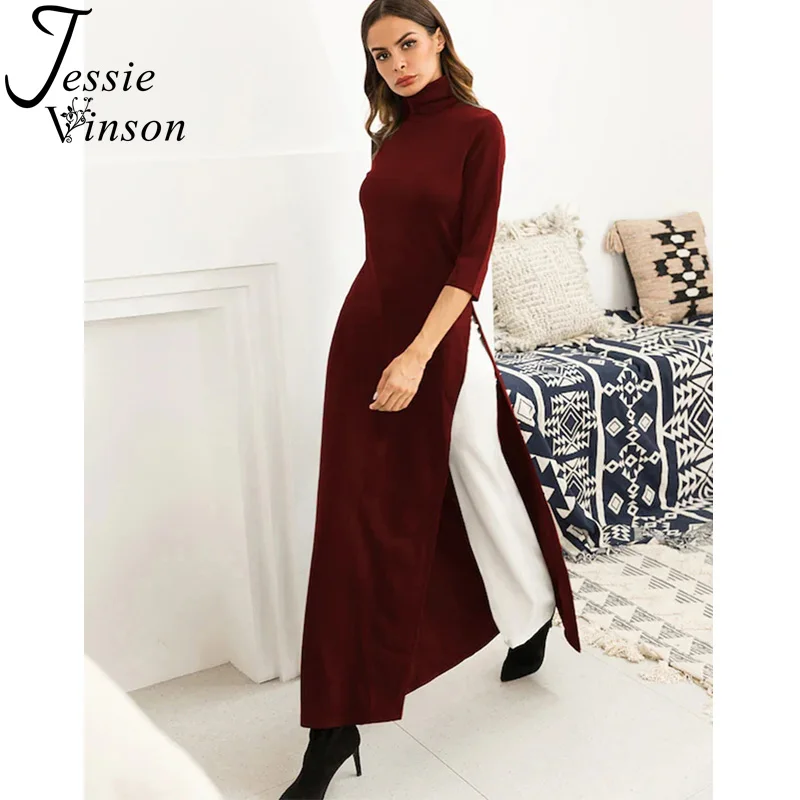Женское длинное платье Jessie Vinson Черное водолазка с коротким рукавом и разрезом
