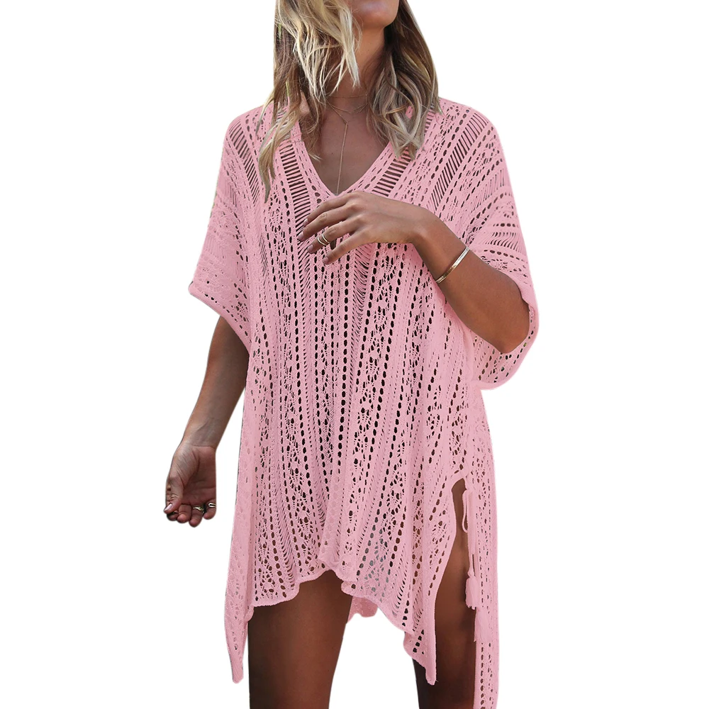21 цвет сексуальный вязаный крючком белый пляжный сарафан накидка платье Туника Рубашки длинное парео купальник платье халат пляжная одежда - Цвет: pink