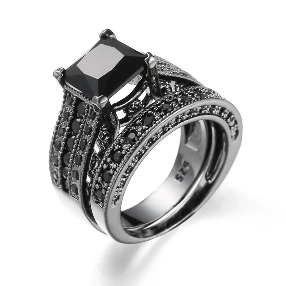 2 in 1 Womens Vintage Black Silver Engagement Wedding Band Ring Set Jewelry women rings Lover ...