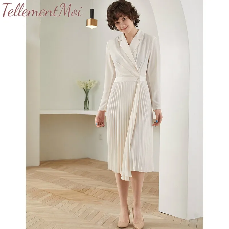 

Women Blazer Dress Trun Down Collar Long Sleeve Dress Elegant High Waist Pleated Dresses Office Lady Solid Midi Dress Vestidos