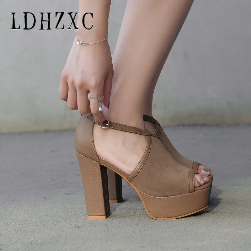 

LDHZXC 2019 Pu Leather Women Shoes Fashion Buckle All Match Platform Square High Heel Peep Toe Women Sandals Size 34-43