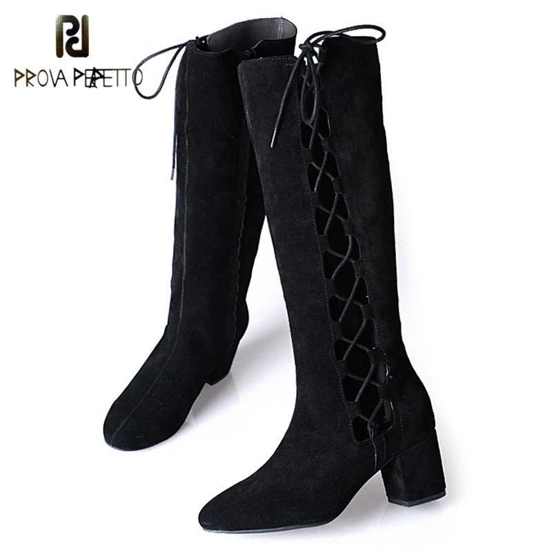 

Prova Perfetto England Style Cross-tied Hollow Out Elegant Woman Long Boots Concise Design Pointed Toe Mid High Heel Boots