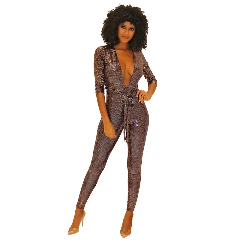 Echoine Sexy Jumpsuits Women Bandage Slim Long Sleeve V-Neck Bright Bronzing Fabric Night Club Long Pencil Pants Womens Rompers Echoine Sexy Jumpsuits Women Bandage Slim Long Sleeve V-Neck Bright Bronzing Fabric Night Club Long Pencil Pants Womens Rompers