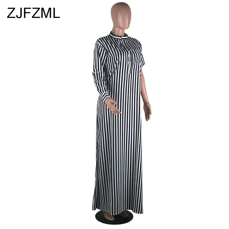 ZJFZML Асимметричный рукав Повседневная футболка платье женское в Вертикальную Полоску свободное Макси платье уличная пуговицы с разрезом сбоку Vestidos
