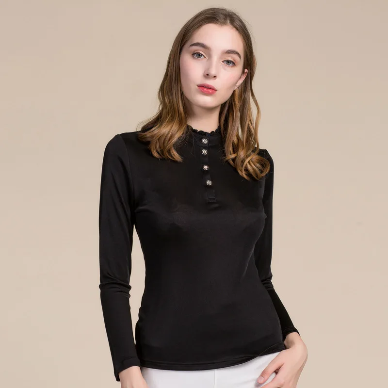

Women Real Silk Shirts Knitted Full Sleeve OL Blouses Large Female Shirts Comfortable Breathable Blouses 8007