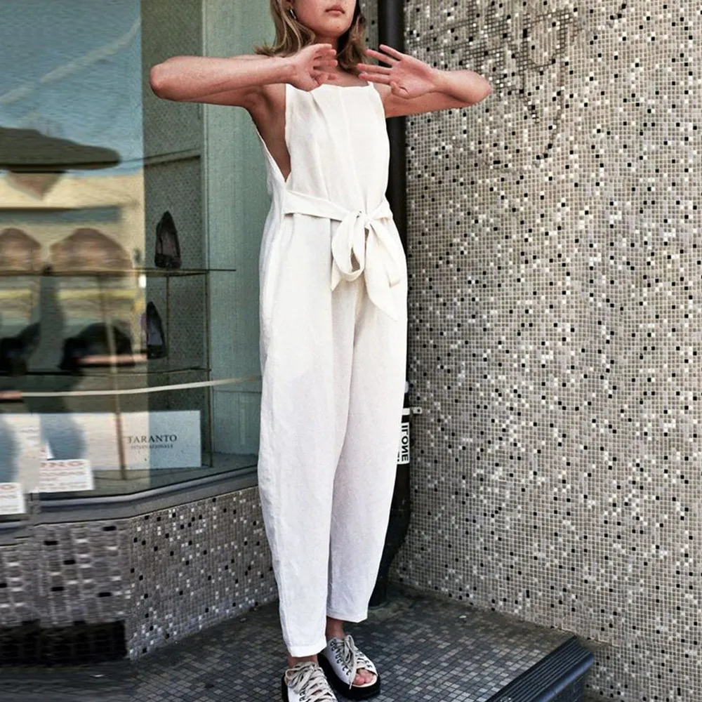 

FeiTong Women Sexy Plus Size Solid Sashes Camis Long Loose Jumpsuit Bodysuit Casual Overalls Pants Female Jumpsuits