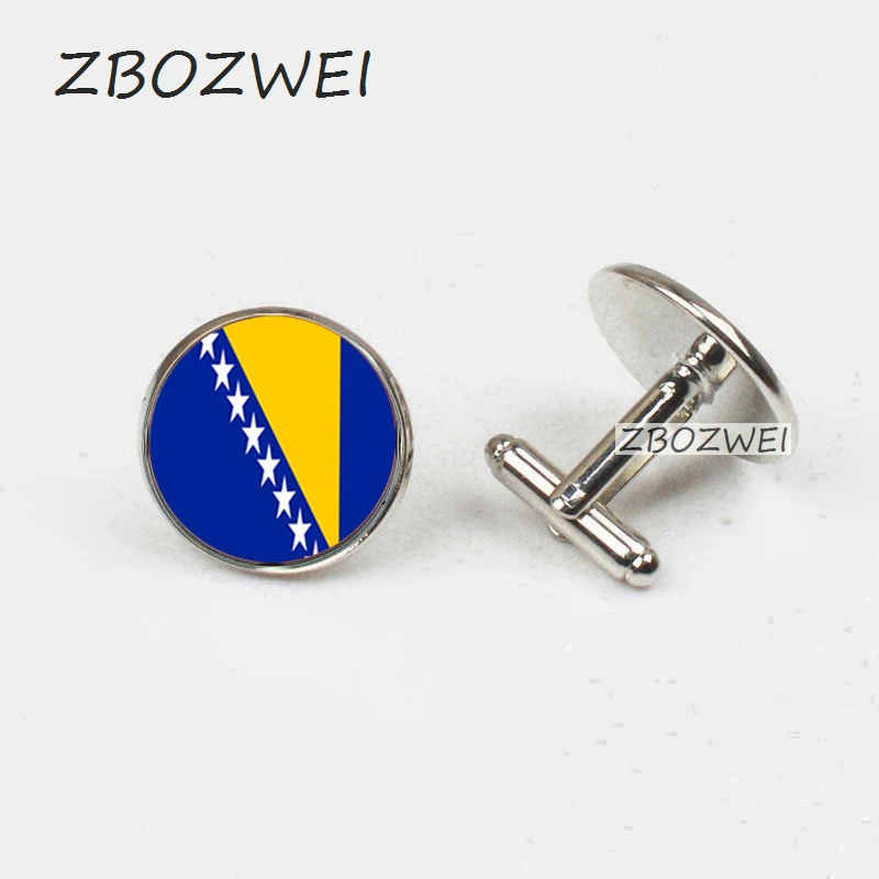 

ZBOZWEI High Quality Vintage Jewelry Cufflinks Bosnia and Herzegovina national flag Round Black Simple Background Men's Cuff