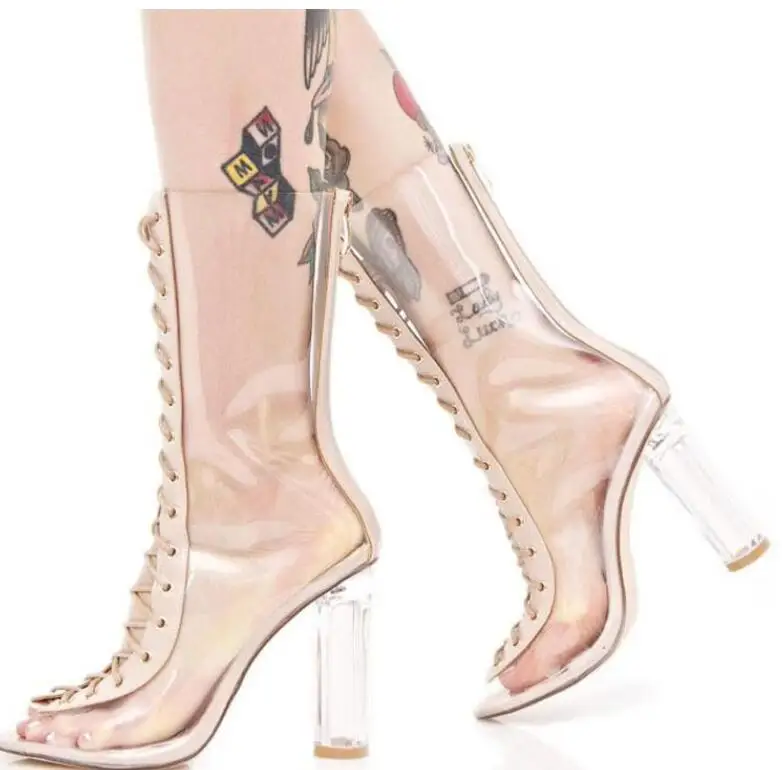 

Hot Fashion Zip Lace-Up PVC Shoes Pointed Top Square Heel Women's Shoes Big Size Mid-Calf Free Shipping Women's Boots