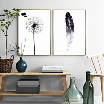 

Giclee Nordic Watercolor Black and White Feather Canvas Wall Art Print Poster Picture for Home Decor Dandelion Flower Wall Decor