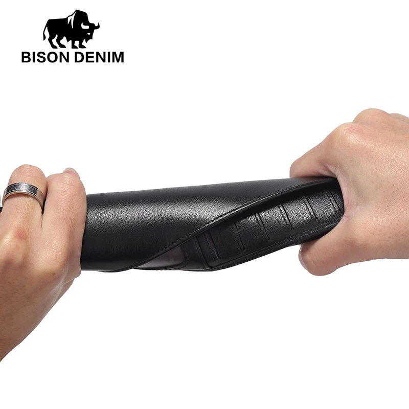 Мужские кошельки BISON DENIM модные тонкие Двойные из натуральной кожи держатель для