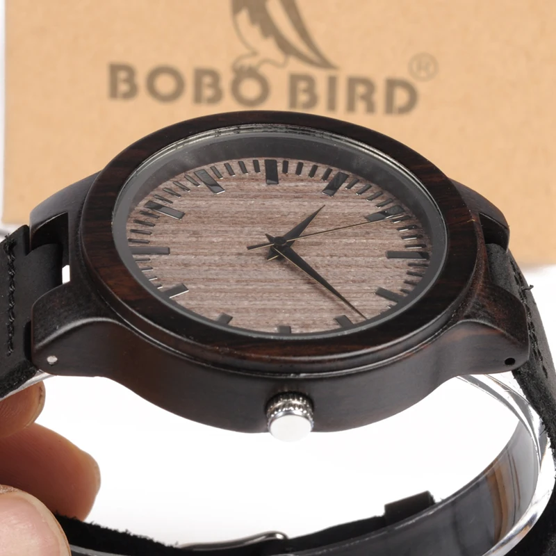 BOBO BIRD Men Wood Watches Quartz Watch Black Real Leather Band Wooden Special WristWatch Relogio Masculino C-C26 DROP SHIPPING