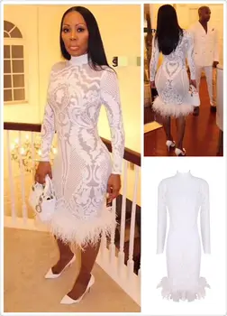 

High Quality Women Dress Print Rayon Fur Hem Long Sleeve Bandage Night Party Dress