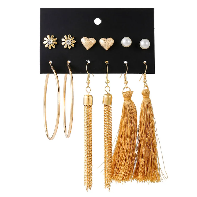 

YANG&RH 6 Pairs/Lot Elegant Heart Simulated Pearl Wedding Stud Earrings Sets for Women Golden Big Circle Long Tassel Earrings