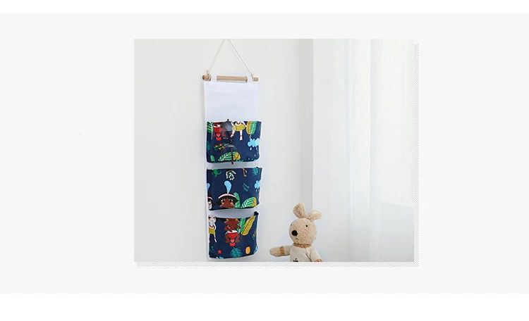 Two Colour Cotton Linen Hanging Storage Bag 3 Pockets Wall Mounted Wardrobe Hang Bag Wall Pouch Cosmetic Toys Organizer (8)