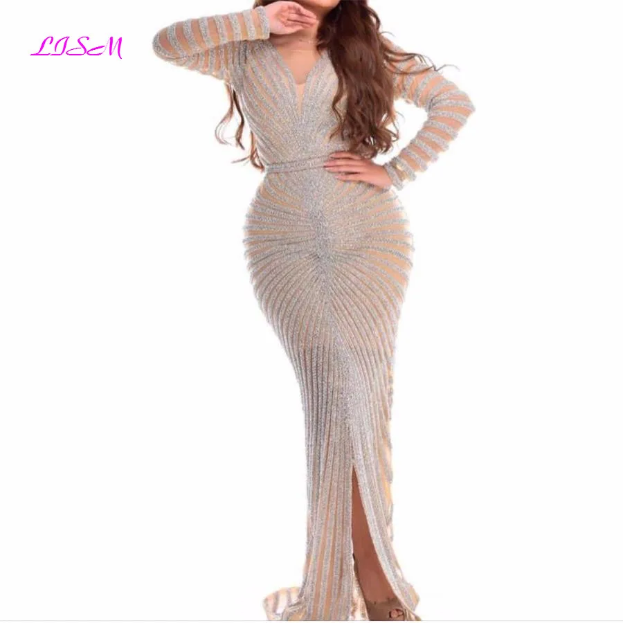 LISM Luxurious Sequins Mermaid Evening Dresses Scoop Long Sleeves Prom Dress Sexy Split Sweep Train Party Gowns robe soiree